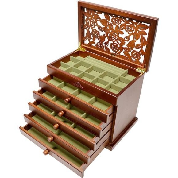 Wood Jewelry Box for Women - Real Wooden Jewelry Organizer Box with Rose Leaf